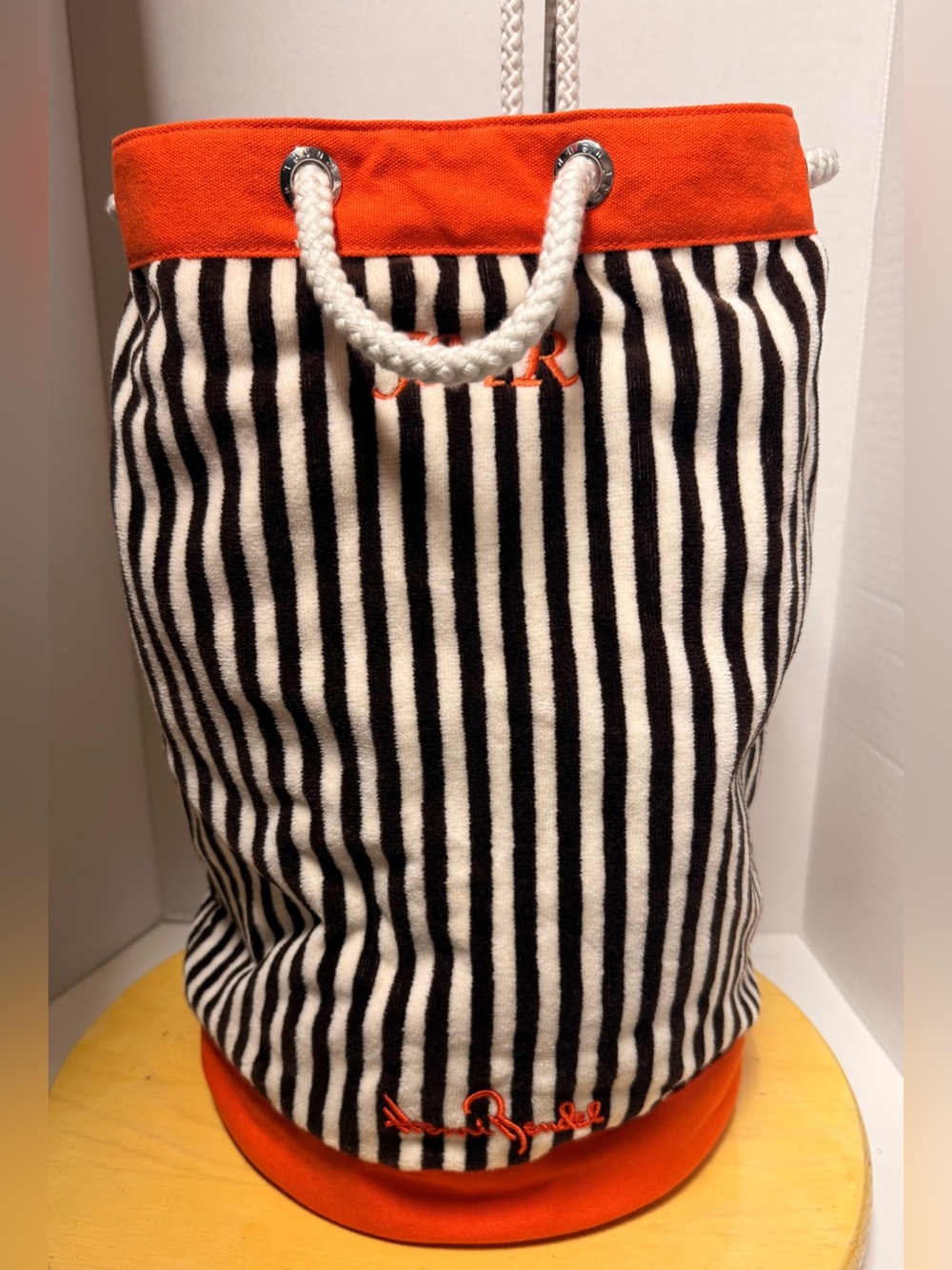Henri Bendel Striped Beach Backpack Tote Bag Drawstring Terry Orange Velour